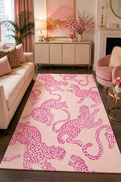 Mondblack Pembe Leopar Desenli Dijital Baskı, Makinede Yıkanabilir, Kaymaz Ta...