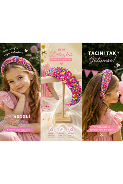 Darya DD11 Pembe Şeker Konfeti Süslü Simli Çocuk Genç Kız Taç