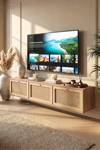 Yurudesign Dune Tv Ünitesi Sehpası Duvara Monte 3 Ahşap Jüt Kapaklı 180cm Sep...
