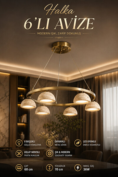 Elvora Home Modern PREMİUM Kumandalı 3 Renk 6 Başlıklı Traverten Mermer Sarkı...