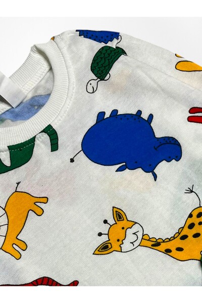 Pajama Shop Boy's Cotton White Color Safari Patterned Fleece-Lined Long Sleeve Winter Pajamas Set