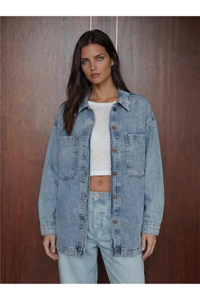 WeShaya Ice Blue Cotton Shirt Collar Oversize Double Pocket Denim Jacket