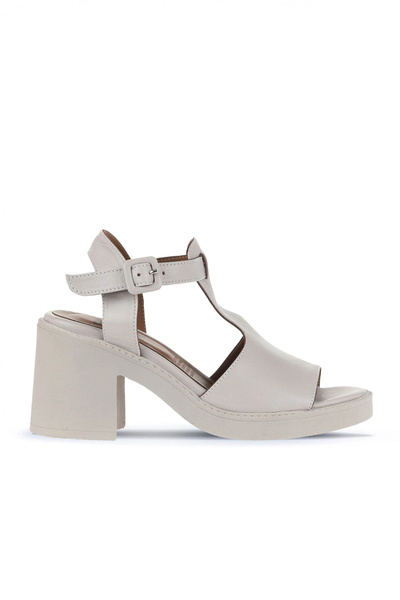 Bueno Shoes Γκρι δερμάτινα γυναικεία πέδιλα με τακούνι 01wa1702