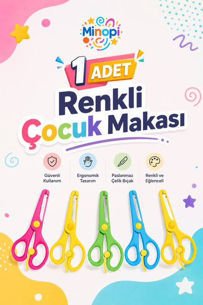 Minopi 1 Adet Renkli Çocuk Makası Yaylı Korumalı Makas Plastik Makas Küt Uçlu