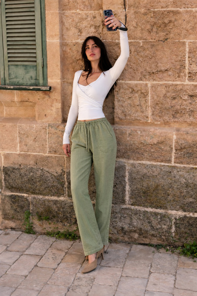 DAMGA JEANS Kadın Beli Lastikli Jogger Yeşil Keten Pantolon