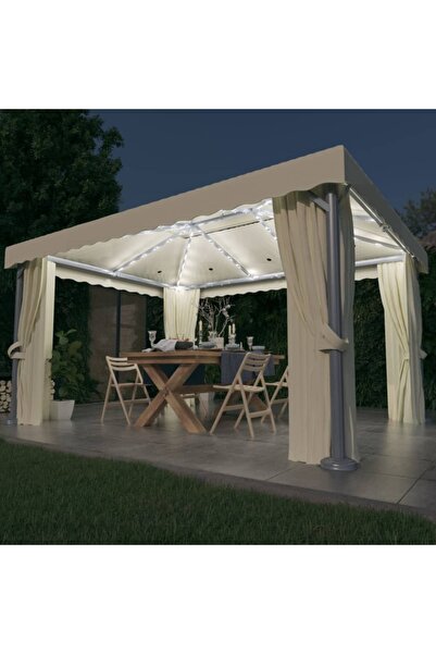 Concept Pavilion cu perdele & șiruri lumini LED, alb crem, 4x3 m
