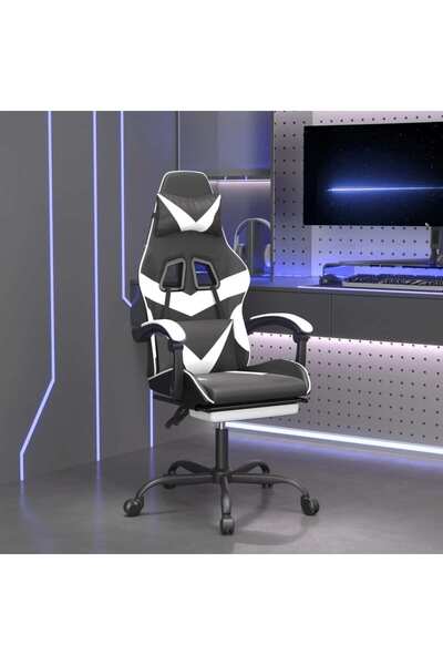 Concept Scaun de gaming cu suport picioare, negru/alb, piele ecologică
