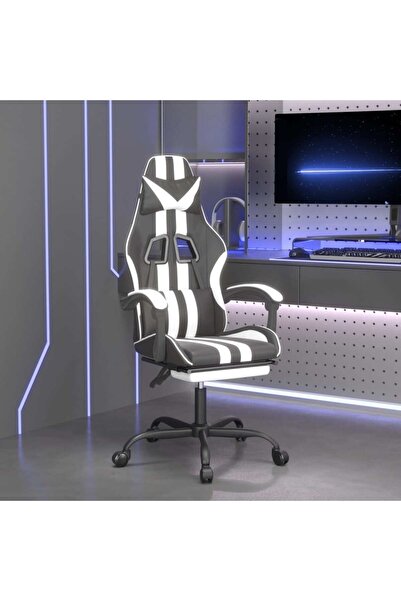 Concept Scaun de gaming cu suport picioare, negru/alb, piele ecologică