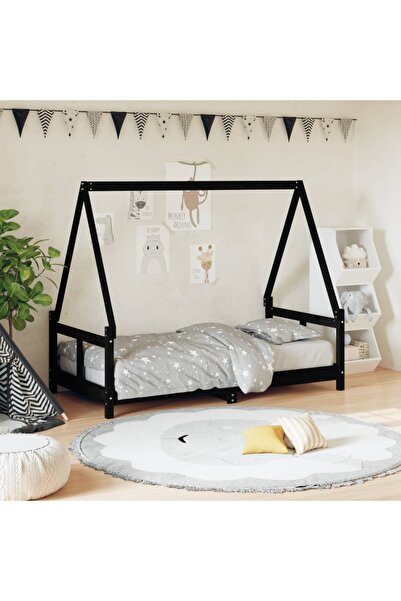 Concept Cadru de pat pentru copii, negru, 80x160 cm, lemn masiv de pin