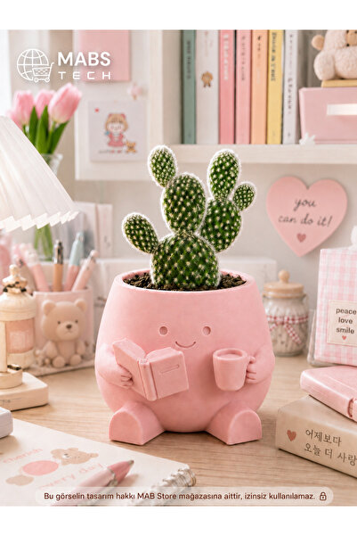 Mabs Tech Kitap Okuyan Sevimli Saksı - Pembe – Sukulent ve Kaktüs İçin Dekora...