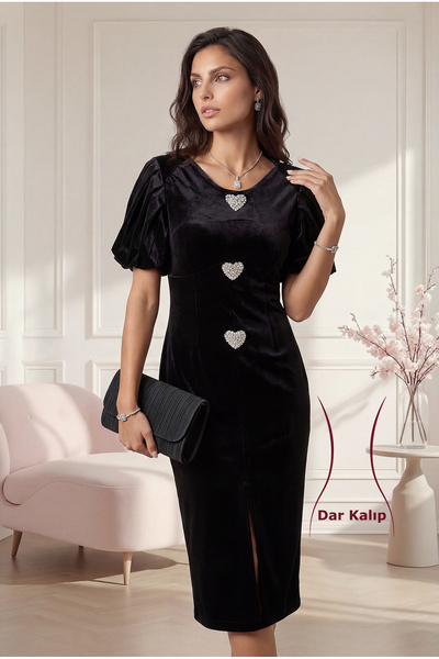 Aysan Moda Kadın Kalp Taş Detaylı Yırtmaçlı Kadife Abiye Elbise