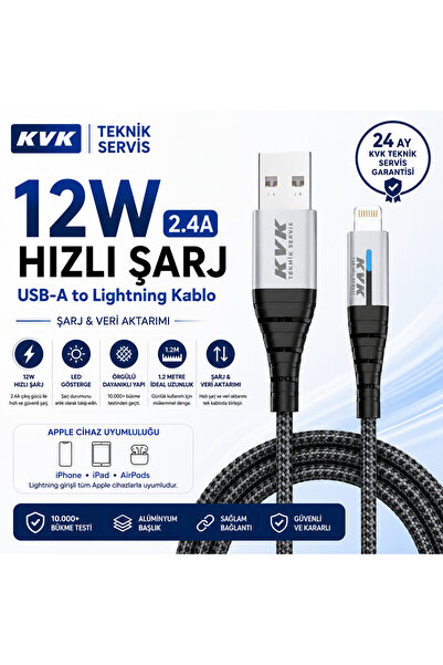 KVK TS 2.4A USB-A to Lightning Uyumlu 12W Hızlı Şarj Kablosu, Örgülü, LED Tas...