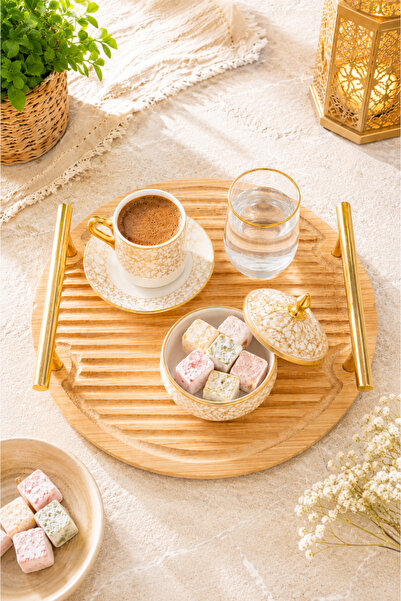 Karçiçeği Home Bamboo Round Presentation Tray with Gold Handles – Turkish Cof...