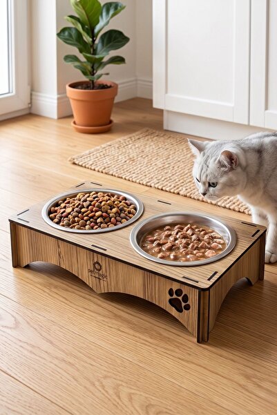 Pet Magic 2'li Mama Kabı, Ahşap Çelik Kaseli Kedi Mama Kabı, Ahşap Standlı, M...