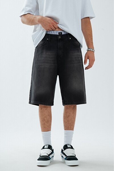 UKHWD SUPPLY Pantaloni scurți pentru bărbați Black Baggy Denim Urban Jort