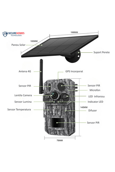 OEM Camera de Vânătoare SecureHomes cu 3 Senzori PIR, SIM 4G, Panou Solar și ...