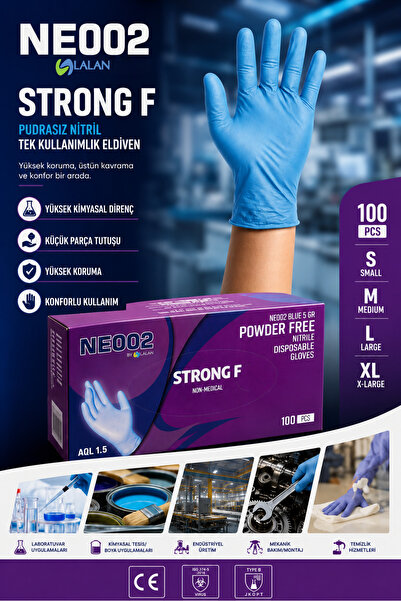 lalan STRONG F Tek Kullanımlık, Nitril Eldiven, 5 Gr Pudrasız, 100'lü Kutu (N...