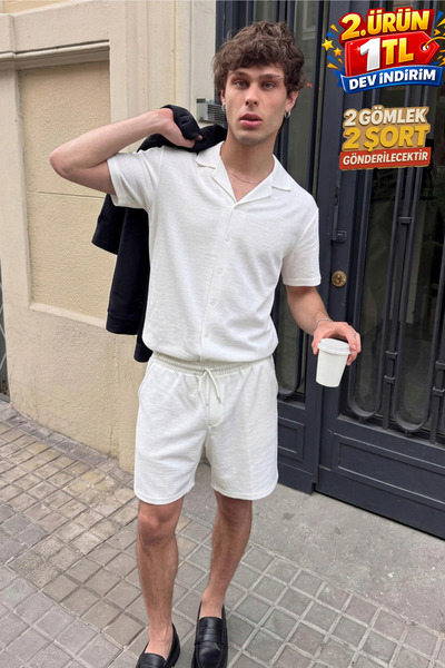 DAMGA JEANS Men's Linen Polo Collar Shirt Lace-Up Summer Shorts White Two-Pie...