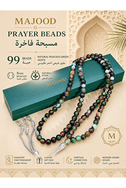 MAJOOD MAJOOD/99 Real Peacock Green Agate Prayer Beads/Tasbih/8MM/For Men And...