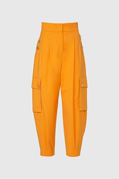 Cargo Casual Cut Orange Pants with Metallic Button Detail