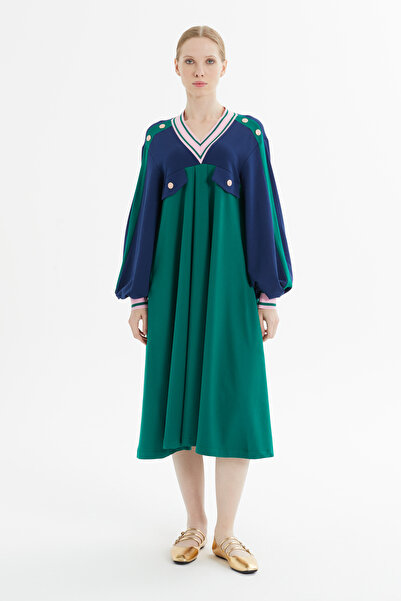 Button Detailed V-Neck And Midi Dress