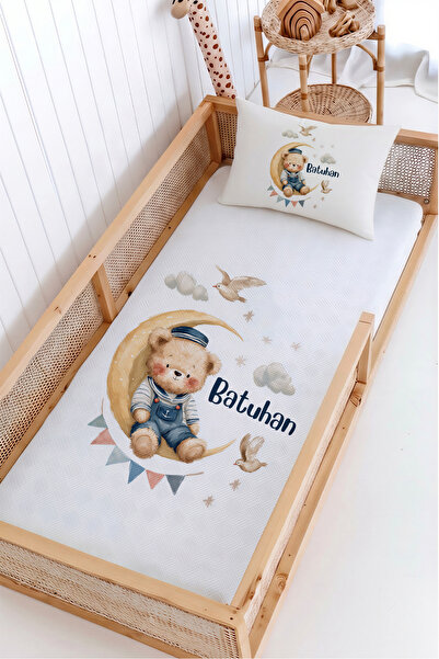Lilabio %100 Pamuk İsme Özel Montessori Yatak Pike Seti 100x200 Kaptan Ayıcık