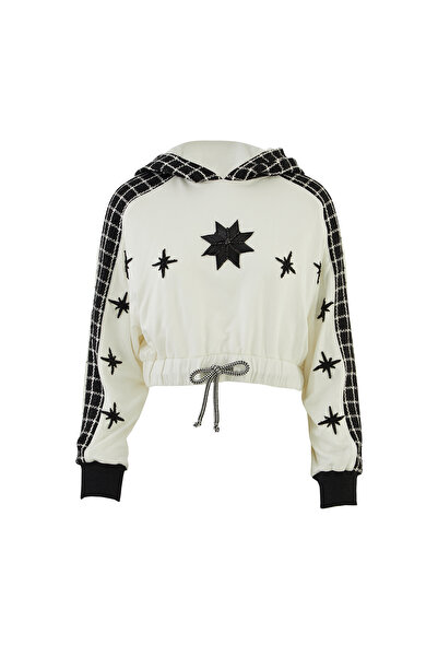 GIZIA SPORT Ekose Detaylı İşlemeli Kapşonlu Ekru Sweatshirt