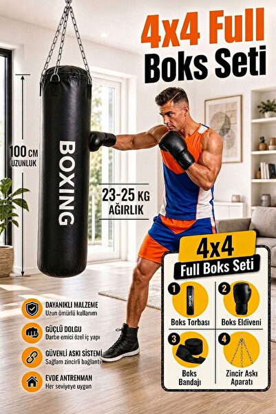 Spor Byfit 100 Cm X 30 Cm Siyah Boks Torbası + Boks Eldiveni + Boks Bandajı +...