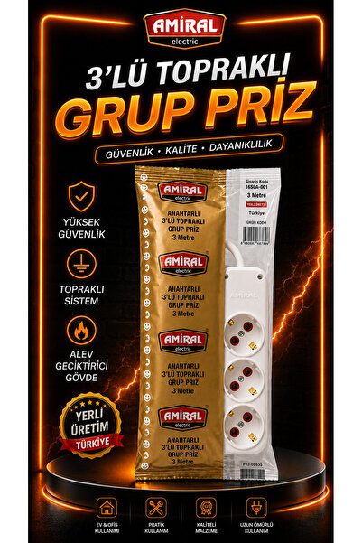 Amiral electric 3lü Topraklı Grup Priz 3 mt Kablolu  Uyumlu