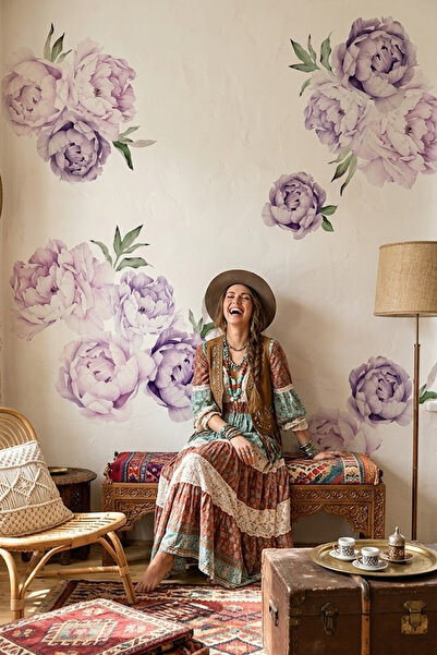 KT Decor ملصق حائط عملاق على شكل زهور الفاوانيا الملونة