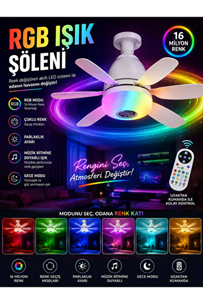 Goes Bluetooth Müzikli Akıllı RGB Renkli LED Işık Sessiz Motor Gece Modlu 6 Kanat Tavan Vantilatörü