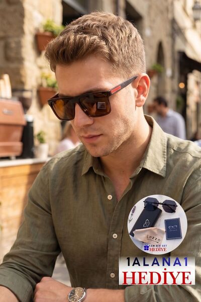 Lozzo Men's Brown Polarized Sunglasses with Square Accessories 23061 C3 P