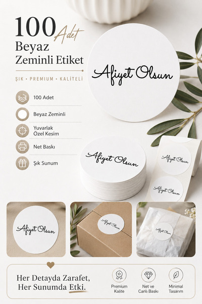 etikettcim Kuşe Sticker Afiyet Olsun Beyaz Zemin