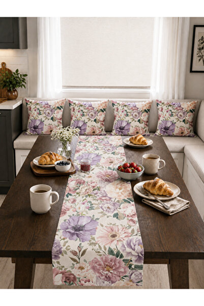 HOMESSA Çiçekli Dekoratif Kırlent ve Runner Seti Pastel Gül Desenli Vintage M...