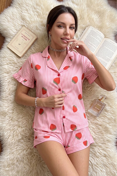 BELLA NOTTE Pijama set od viskoze sa prugama i uzorkom jagoda, kratkih rukava