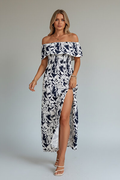 M&G PREMIUM BOUTIQUE Women's Navy Blue White Tropical Patterned Madonna Colla...