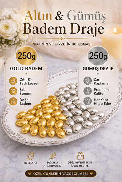 YILMAZ ÜLKÜ KURUYEMİŞ (250 GR) Gold Bademli Draje + (250 GR) Gümüş Bademli Dr...