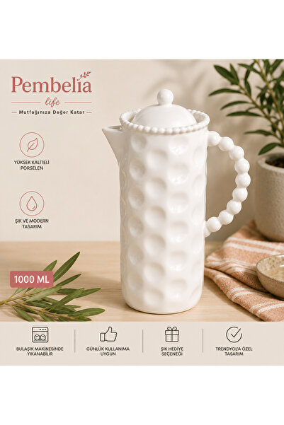 Pembelia Life Beyaz Porselen 1000 ml Yağdanlık Sütlük Sürahi