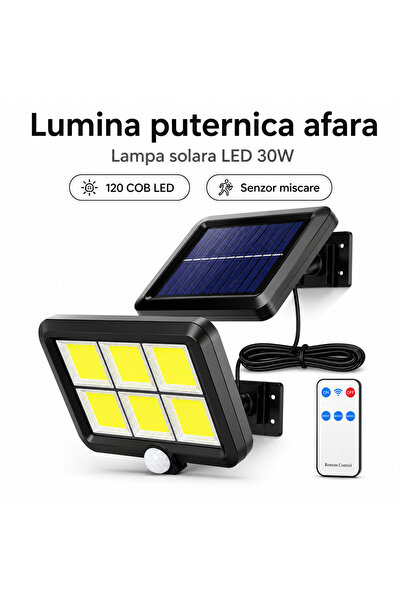 iTin Lampă solară 30W, 120 COB LED, dimensiune 15×11cm, senzor mișcare, telec...