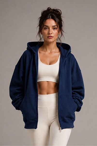 AOSFİT Fermuarlı Kapüşonlu Oversize Sweatshirt