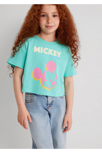 Mavi Mickey Mouse Baskılı Yeşil Tişört Loose Fit / Bol Rahat Kesim 7610332-71673