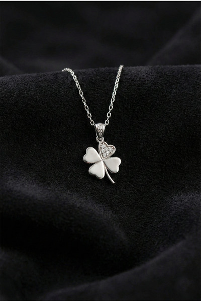 Roza Silver 925 Ayar Zirkon Taşlı Rodyum Dört Yapraklı Yonca Gümüş Kolye