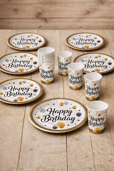 parti pera Happy Birthday Karton Tabak Bardak Seti 8'li Doğum Günü Tabak Bard...