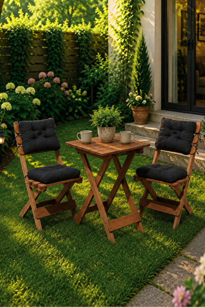 Reyo Premium 3'lü Ahşap Balkon Bahçe Seti – Minderli Katlanır Bistro Masa San...