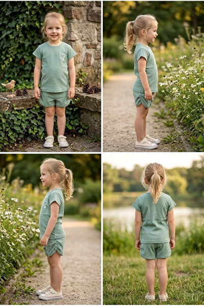meyastore Girl's Shorts Set with Drawstring and Heart Print