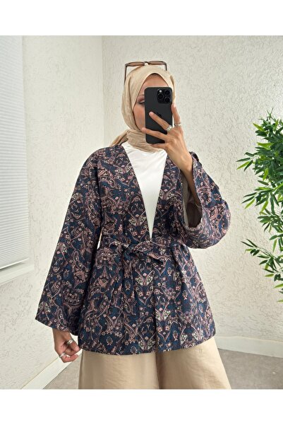 bellura Baskılı Beli Kemerli Kapitone Kimono