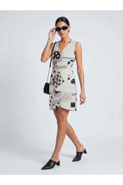 FARREN Women's White Patterned Double Breasted Mini Dress |   Frn Line