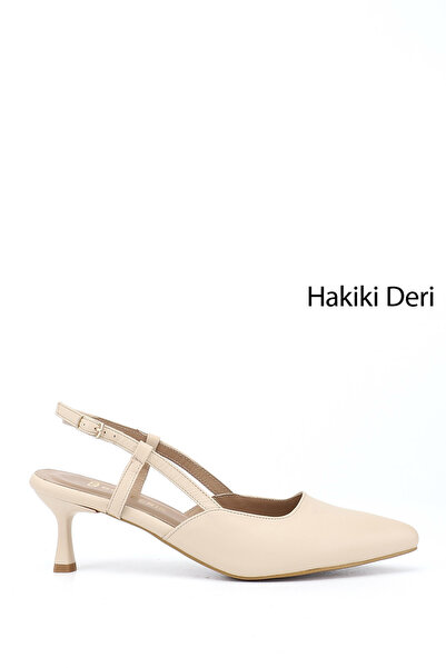 GÖNDERİ(R) Women's Beige Thin Heeled Open Back Genuine Leather Shoes