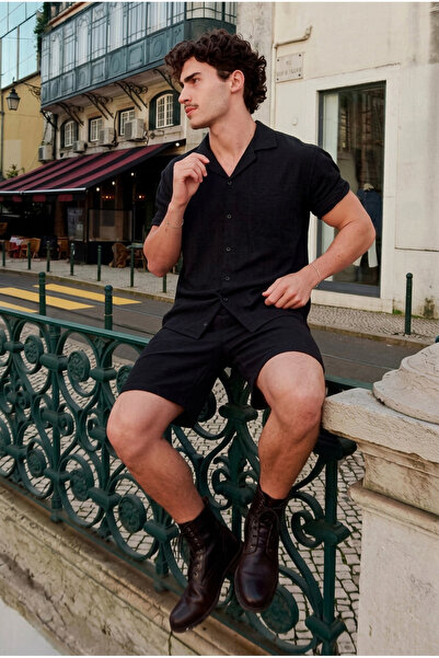 DAMGA JEANS Men's Short Sleeve Shirt Summer Linen Shorts Black Two-Piece Set