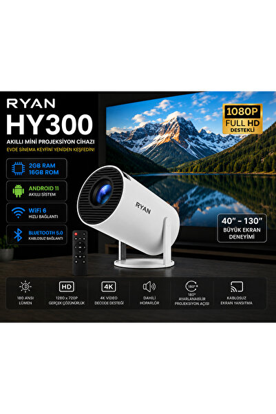 Ryan Technology HY300 Akıllı Ev Sinema Projektörü 2GB RAM 32GB ROM WiFi 6 Blu...